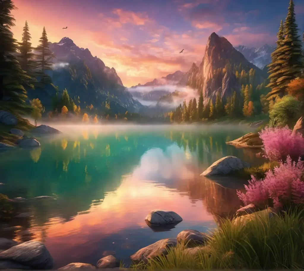 "A serene, heavenly lake nestled between majestic snow-capped mountains, glowing with a golden sunrise that reflects off the smooth, crystal-clear water. Lush, vibrant green forests stretch along the shores, their colors rich and saturated under soft, ethereal light. The lake is surrounded by mist, adding an element of mystery and tranquility. Birds soar high in the clear sky, while soft clouds linger like wisps. The air is calm, and the light is magical, casting gentle reflections on the glassy surface of the lake. The atmosphere feels divine, like a dreamscape, with warm hues of gold, pink, and lavender blending in the sky. The environment is untouched, pristine, and peaceful, evoking a sense of awe and wonder. Hyper-realistic detail, with photorealistic water reflections, intricate textures of the trees and mountains, and a magical, serene ambiance. 8K resolution." Negative prompt: "low quality, blurry, distorted, deformed, unnatural, overexposed, underexposed, pixelated, glitchy, artifacts, oversaturated, monochrome, poorly drawn, extra limbs, cropped, out of focus, poorly lit, unrealistic proportions, extra objects, floating Steps: 100, Sampler: DPM++ 3M SDE, Schedule type: Karras, CFG scale: 8.5, Seed: 924704674, Face restoration: GFPGAN, Size: 1232x1096, Model hash: 31e35c80fc, Model: sd_xl_base_1.0, Clip skip: 2, Version: f2.0.1v1.10.1-previous-659-gc055f2d4, Module 1: sdxl_vae