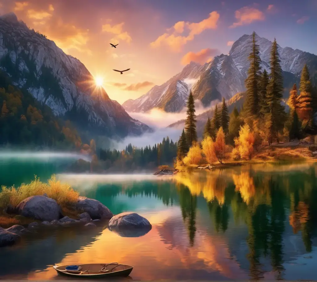 "A serene, heavenly lake nestled between majestic snow-capped mountains, glowing with a golden sunrise that reflects off the smooth, crystal-clear water. Lush, vibrant green forests stretch along the shores, their colors rich and saturated under soft, ethereal light. The lake is surrounded by mist, adding an element of mystery and tranquility. Birds soar high in the clear sky, while soft clouds linger like wisps. The air is calm, and the light is magical, casting gentle reflections on the glassy surface of the lake. The atmosphere feels divine, like a dreamscape, with warm hues of gold, pink, and lavender blending in the sky. The environment is untouched, pristine, and peaceful, evoking a sense of awe and wonder. Hyper-realistic detail, with photorealistic water reflections, intricate textures of the trees and mountains, and a magical, serene ambiance. 8K resolution." Negative prompt: "low quality, blurry, distorted, deformed, unnatural, overexposed, underexposed, pixelated, glitchy, artifacts, oversaturated, monochrome, poorly drawn, extra limbs, cropped, out of focus, poorly lit, unrealistic proportions, extra objects, floating Steps: 100, Sampler: DPM++ 3M SDE, Schedule type: Karras, CFG scale: 8.5, Seed: 924704678, Face restoration: GFPGAN, Size: 1232x1096, Model hash: 31e35c80fc, Model: sd_xl_base_1.0, Clip skip: 2, Version: f2.0.1v1.10.1-previous-659-gc055f2d4, Module 1: sdxl_vae