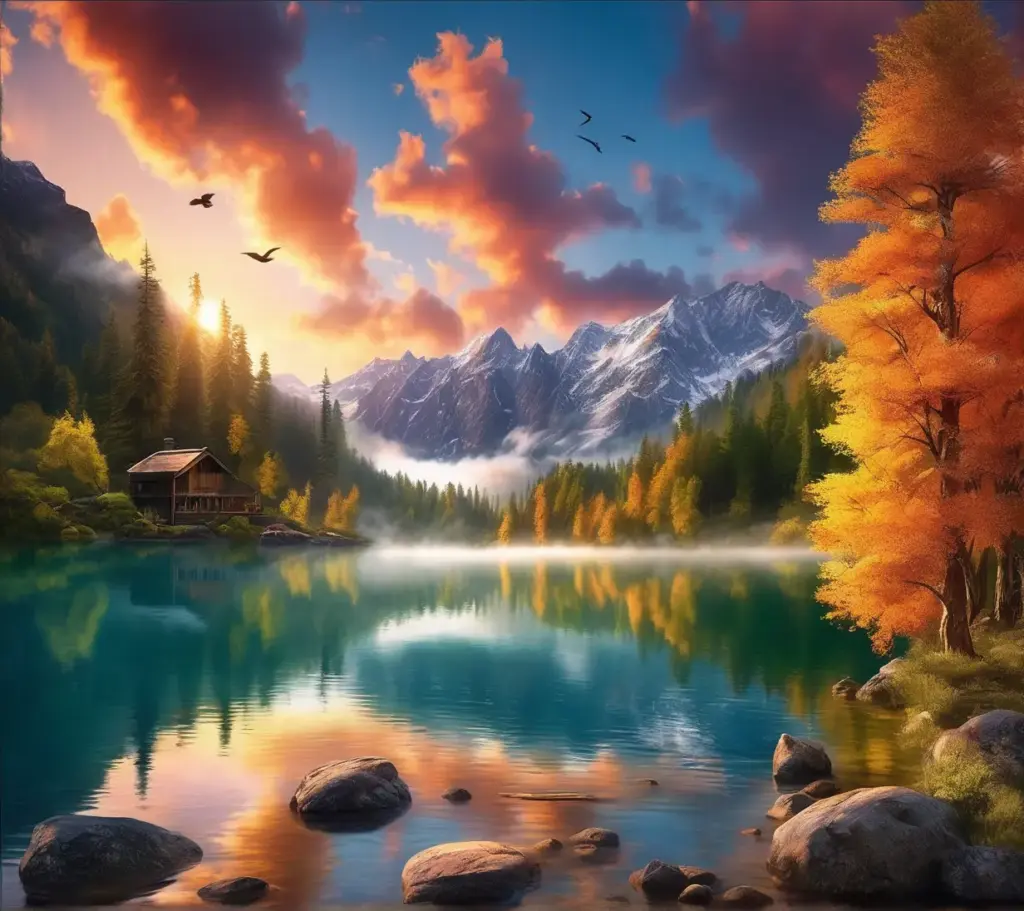 "A serene, heavenly lake nestled between majestic snow-capped mountains, glowing with a golden sunrise that reflects off the smooth, crystal-clear water. Lush, vibrant green forests stretch along the shores, their colors rich and saturated under soft, ethereal light. The lake is surrounded by mist, adding an element of mystery and tranquility. Birds soar high in the clear sky, while soft clouds linger like wisps. The air is calm, and the light is magical, casting gentle reflections on the glassy surface of the lake. The atmosphere feels divine, like a dreamscape, with warm hues of gold, pink, and lavender blending in the sky. The environment is untouched, pristine, and peaceful, evoking a sense of awe and wonder. Hyper-realistic detail, with photorealistic water reflections, intricate textures of the trees and mountains, and a magical, serene ambiance. 8K resolution." Negative prompt: "low quality, blurry, distorted, deformed, unnatural, overexposed, underexposed, pixelated, glitchy, artifacts, oversaturated, monochrome, poorly drawn, extra limbs, cropped, out of focus, poorly lit, unrealistic proportions, extra objects, floating Steps: 100, Sampler: DPM++ 3M SDE, Schedule type: Karras, CFG scale: 8.5, Seed: 924704679, Face restoration: GFPGAN, Size: 1232x1096, Model hash: 31e35c80fc, Model: sd_xl_base_1.0, Clip skip: 2, Version: f2.0.1v1.10.1-previous-659-gc055f2d4, Module 1: sdxl_vae