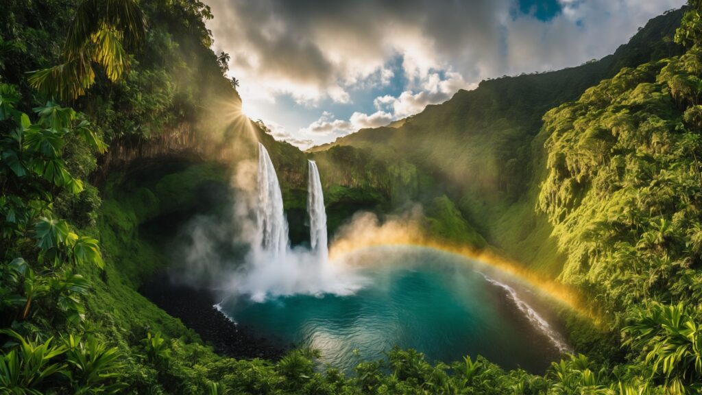 a majestic tropical waterfall inspired by Seljalandsfoss, viewed from behind the falling water, golden hour sun casting warm light over lush green cliffs and dense jungle foliage, a panoramic valley below with turquoise water flowing into the ocean, vibrant palm trees, tropical mist particles in the air, cinematic wide-angle shot, ultra-realistic textures Negative prompt: people, characters, animals, buildings, fantasy elements, overexposed, artificial lighting, CGI, stylized, cartoon, distortion, logo, watermark Steps: 50, Sampler: DPM++ 2M, Schedule type: Karras, CFG scale: 7, Seed: 4116144097, Face restoration: GFPGAN, Size: 1536x864, Model hash: 31e35c80fc, Model: sd_xl_base_1.0, Denoising strength: 0.7, Hires Module 1: Use same choices, Hires CFG Scale: 7, Hires upscale: 1.5, Hires upscaler: ESRGAN_4x, Version: f2.0.1v1.10.1-previous-659-gc055f2d4, Module 1: sdxl_vae