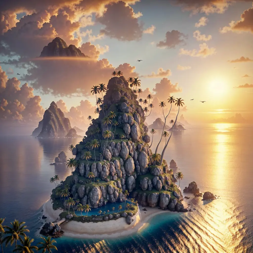 a mysterious dreamy island floating in a calm ocean, seen from afar, golden hour lighting, lush palm trees swaying gently in the breeze, misty haze, glowing ambient light, soft clouds, birds circling, fantasy atmosphere, painterly style, ultra-detailed, by greg rutkowski, james gurney, trending on artstation, ethereal and serene Negative prompt: lowres, blurry, low quality, worst quality, watermark, signature, pixelated, deformed, poorly drawn Steps: 40, Sampler: DPM++ 2M, Schedule type: Karras, CFG scale: 7, Seed: 211264051, Size: 768x768, Model hash: 02e37aad9f, Model: openjourney-v4, Denoising strength: 0.7, Hires Module 1: Use same choices, Hires CFG Scale: 7, Hires upscale: 2, Hires upscaler: Latent, Version: f2.0.1v1.10.1-previous-659-gc055f2d4, Module 1: realisticVisionV60B1_v51HyperVAE