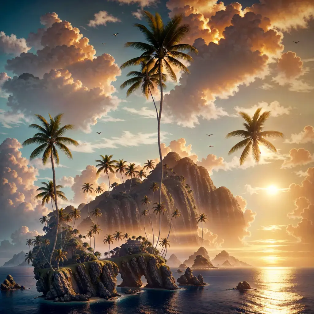 a mysterious dreamy island floating in a calm ocean, seen from afar, golden hour lighting, lush palm trees swaying gently in the breeze, misty haze, glowing ambient light, soft clouds, birds circling, fantasy atmosphere, painterly style, ultra-detailed, by greg rutkowski, james gurney, trending on artstation, ethereal and serene Negative prompt: lowres, blurry, low quality, worst quality, watermark, signature, pixelated, deformed, poorly drawn Steps: 40, Sampler: DPM++ 2M, Schedule type: Karras, CFG scale: 9, Seed: 2901131679, Size: 768x768, Model hash: 02e37aad9f, Model: openjourney-v4, Denoising strength: 0.7, Hires Module 1: Use same choices, Hires CFG Scale: 7, Hires upscale: 2, Hires upscaler: Latent, Version: f2.0.1v1.10.1-previous-659-gc055f2d4, Module 1: realisticVisionV60B1_v51HyperVAE