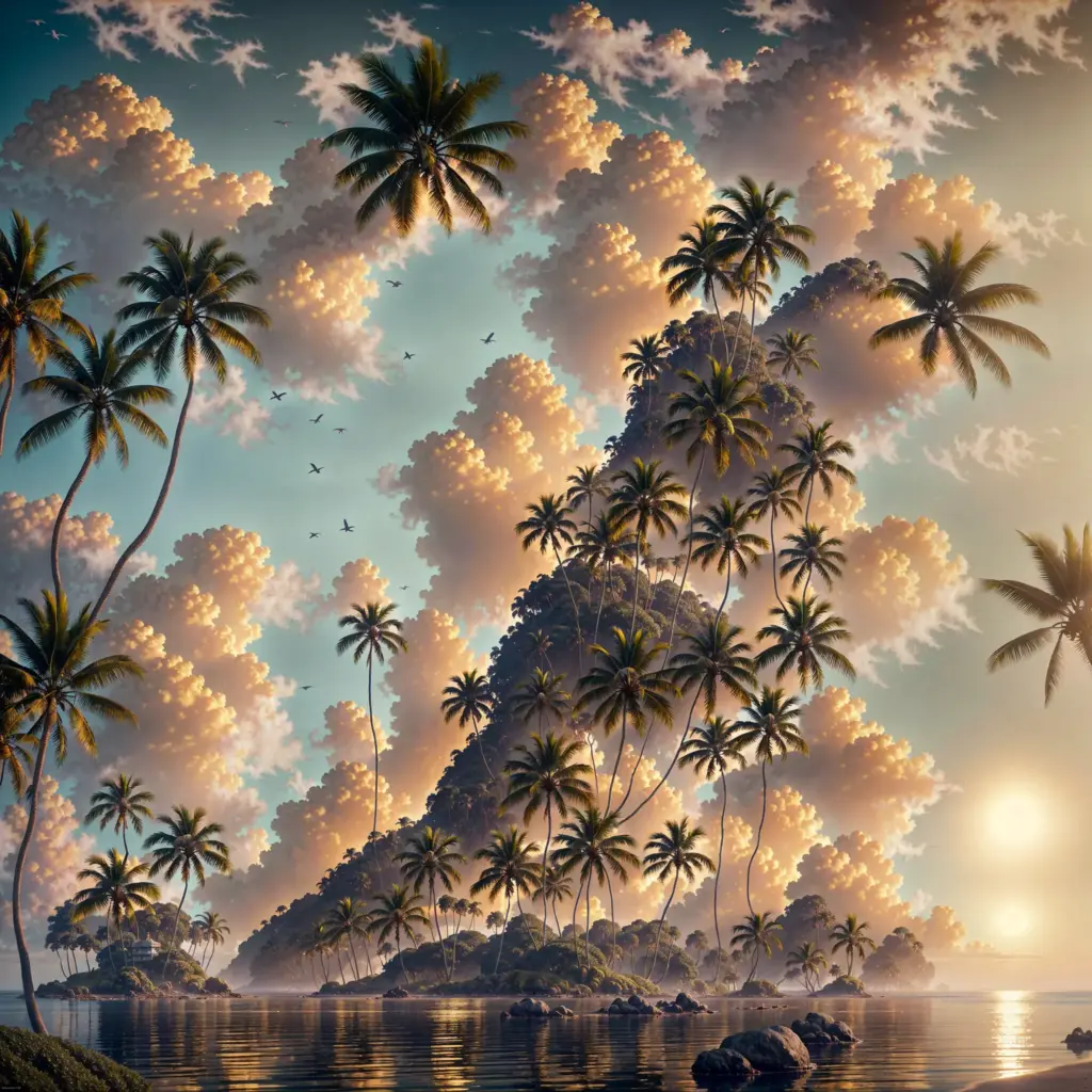 a mysterious dreamy island floating in a calm ocean, seen from afar, golden hour lighting, lush palm trees swaying gently in the breeze, misty haze, glowing ambient light, soft clouds, birds circling, fantasy atmosphere, painterly style, ultra-detailed, by greg rutkowski, james gurney, trending on artstation, ethereal and serene Negative prompt: lowres, blurry, low quality, worst quality, watermark, signature, pixelated, deformed, poorly drawn Steps: 40, Sampler: DPM++ 2M, Schedule type: Karras, CFG scale: 9, Seed: 3775574017, Size: 1024x1024, Model hash: 02e37aad9f, Model: openjourney-v4, Denoising strength: 0.7, Hires Module 1: Use same choices, Hires CFG Scale: 7, Hires upscale: 2, Hires upscaler: Latent, Version: f2.0.1v1.10.1-previous-659-gc055f2d4, Module 1: realisticVisionV60B1_v51HyperVAE