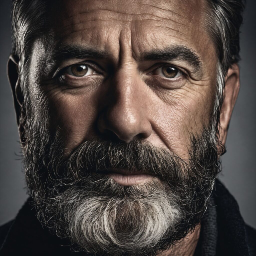 ultra-detailed portrait of a middle-aged man, full face, sharp focus, realistic lighting, cinematic contrast, close-up shot, rugged features, expressive eyes, well-defined beard, subtle skin pores, individual beard hairs, forehead wrinkles, fine skin texture, 85mm photography, natural shadows, realistic color grading, slightly messy hair, studio lighting Negative prompt: deformed, blurry, low-res, cartoon, painting, cgi, doll-like, extra limbs, watermark, jpeg artifacts, disfigured, unrealistic eyes, low contrast, smooth skin, plastic skin, poorly drawn beard Steps: 60, Sampler: DPM++ 2M, Schedule type: Karras, CFG scale: 7, Seed: 4172793364, Size: 1024x1024, Model hash: 31e35c80fc, Model: sd_xl_base_1.0, Denoising strength: 0.55, Hires Module 1: Use same choices, Hires CFG Scale: 7, Hires upscale: 1.5, Hires upscaler: 4x-UltraSharp, Version: f2.0.1v1.10.1-previous-659-gc055f2d4, Module 1: sdxl_vae